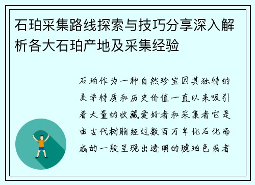 石珀采集路线探索与技巧分享深入解析各大石珀产地及采集经验